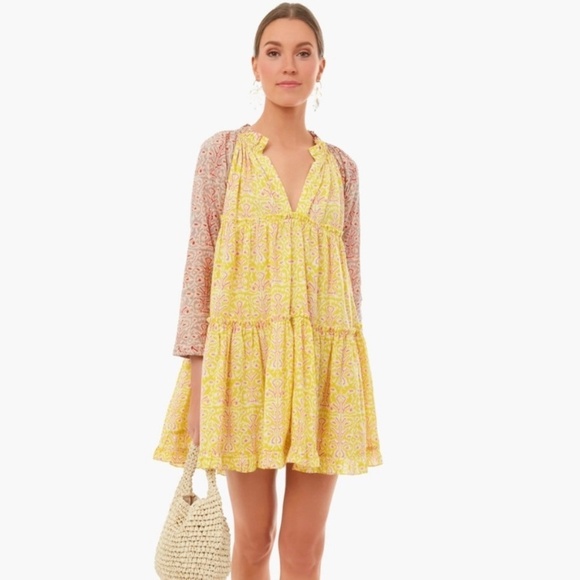 Charina Sarte‎ Swing Mini Dress Women's S Yellow Pink Poppy India Print - Picture 5 of 16
